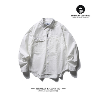 秋天纯色叠穿新款纯棉长袖衬衫刺绣撞色口袋工装衬衣秋季休闲寸衫