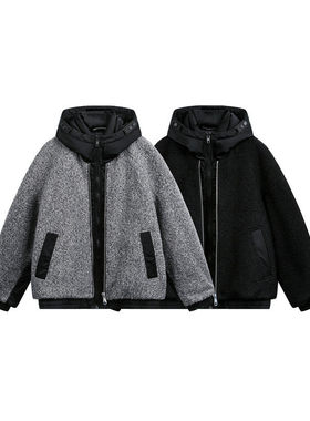 SEVENNOS 连帽呢料拼接假两件羽绒服  9073