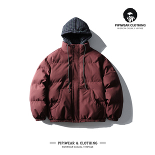 冬天日系假两件拼接格纹连帽棉袄男2025新款红色棉衣外套冬季棉服