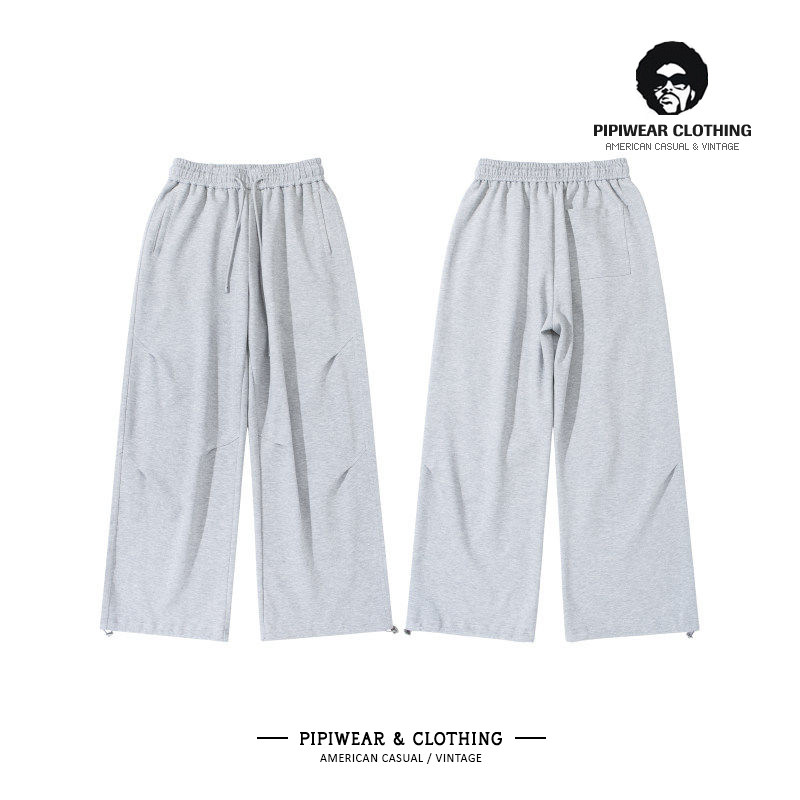 百搭休闲裤宽松慵懒风阔腿裤子男浅灰色运动卫裤束脚男裤直筒长裤