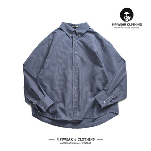 秋季美式复古经典蓝色格纹衬衫男高级感痞帅百搭衬衣秋天长袖寸衫