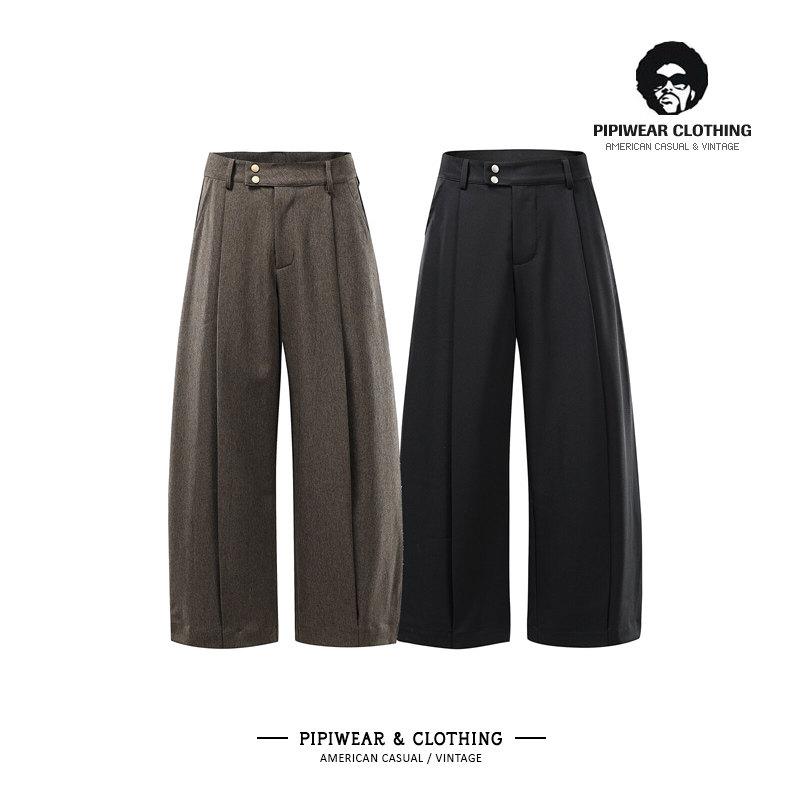 通勤百搭垂感西裤立体褶皱美式男裤显瘦直筒休闲裤子男老钱风长裤