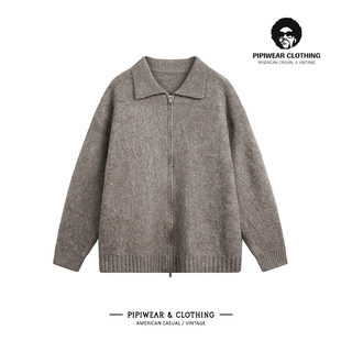 毛衣外套早秋宽松线衫 男翻领慵懒开衫 复古高级感毛绒针织衫 秋冬季