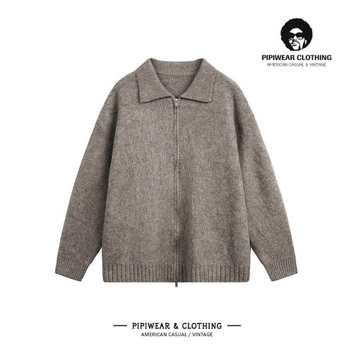 复古毛绒针织衫翻领拉链开衫毛衣