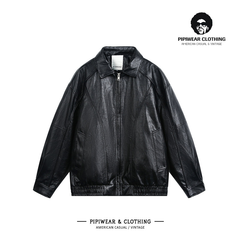 美式复古机车风翻领PU皮羽绒服男女黑色90白鸭绒情侣外套