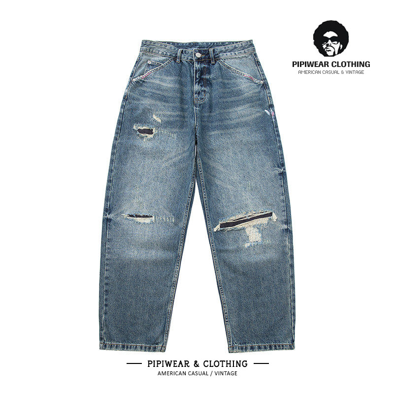 高街痞帅破洞补丁牛仔裤宽松直筒阔腿长裤潮牌男裤水洗做旧休闲裤