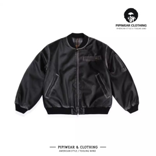 美式复古做旧擦色棉衣皮夹克男款2024新款棒球领棉服冬季保暖外套