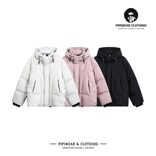 冬季潮牌廓形连帽设计粉色羽绒服男2025新款冬天抗寒保暖百搭外套