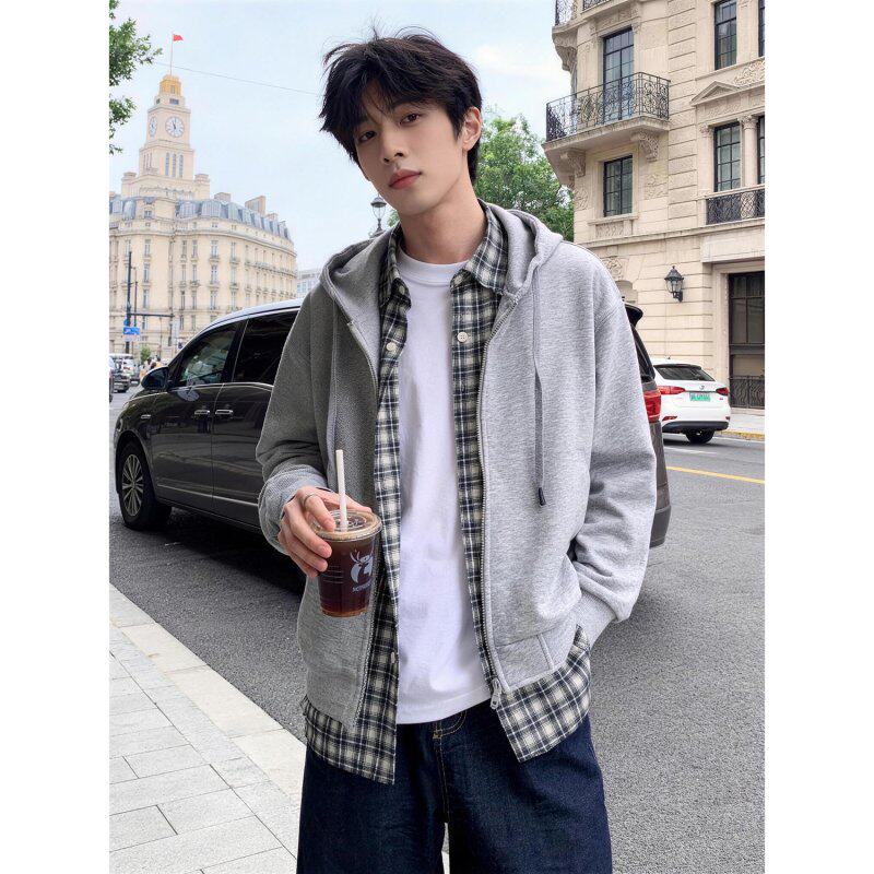 假两件拼接连帽开衫卫衣男士帽衫