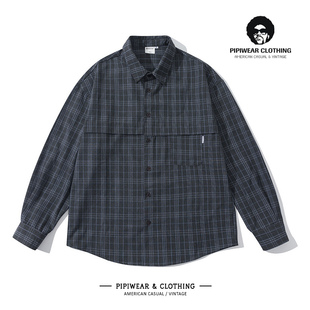 寸衫 工装 男 隐藏袋休闲衬衣秋季 复古街头秋天潮牌格子百搭色系衬衫