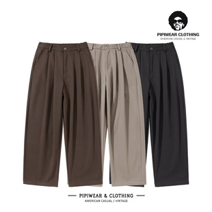 冬天呢料加厚裤子男日系直筒休闲裤冬季纯色百搭男裤宽松阔腿长裤