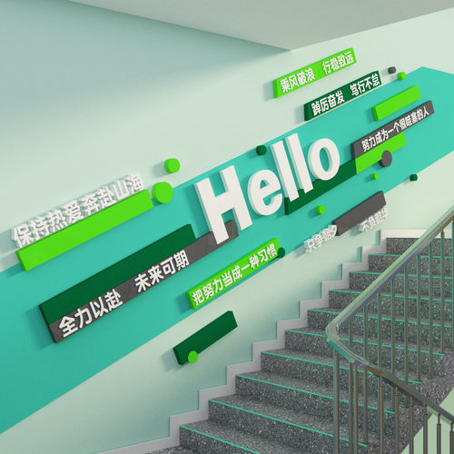 Hello办公室楼梯间墙面装饰企业文化公司进门氛围布置形象贴纸画