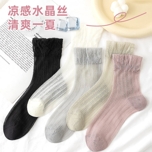 美腿塑形女士玻璃丝花边中筒袜
