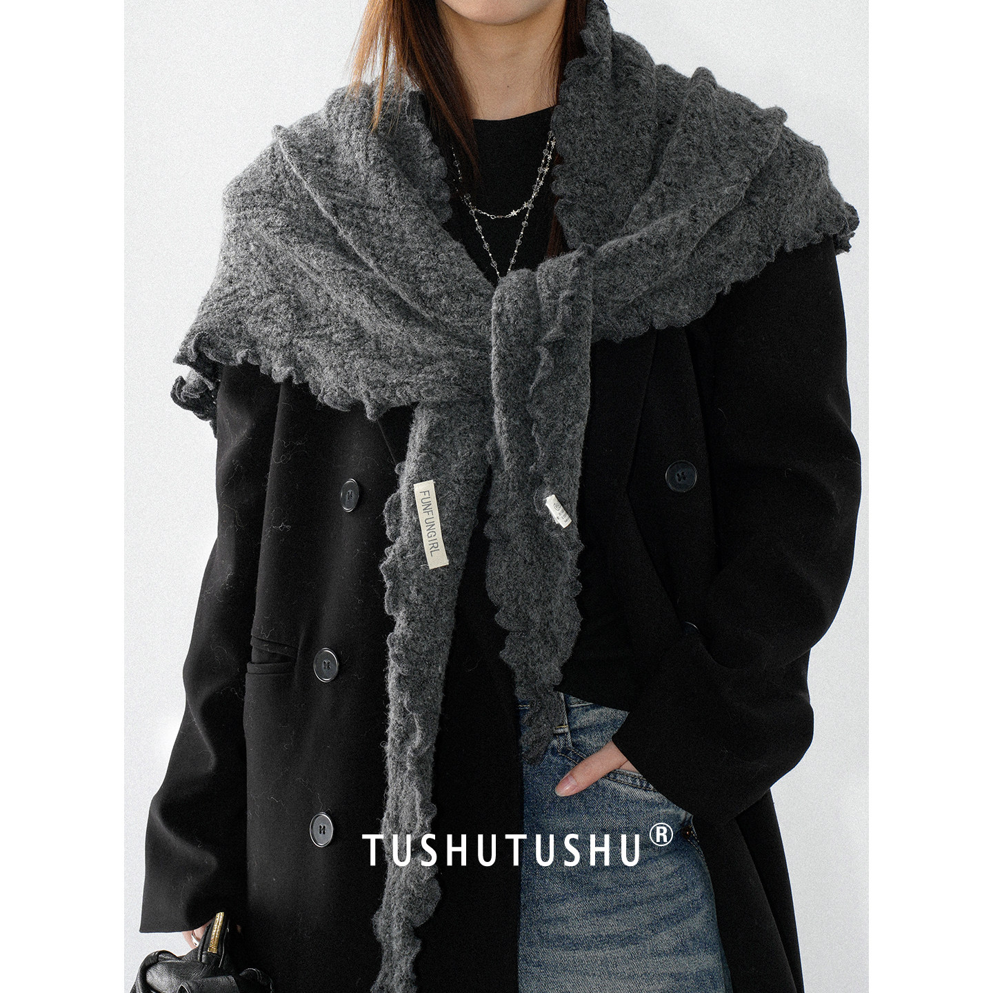 TUshu/摩登灰～复古时髦木耳边三角巾秋冬百搭保暖围脖围巾披肩女,服饰配件/皮带/帽子/围巾,围巾/丝巾/披肩,淘宝优惠券,粉丝福利购,淘宝优惠卷