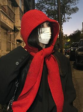 TUshu/ins洋气小红帽～冬季薄款帽子围巾一体保暖护耳针织拉法帽