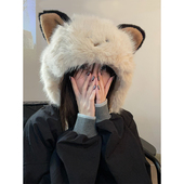 TUshu 邪恶猫咪～秋冬毛绒绒可爱雷锋帽子女加厚显脸小东北飞行帽