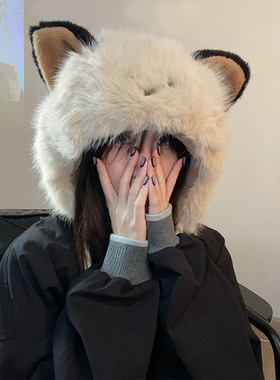 TUshu/邪恶猫咪～秋冬毛绒绒可爱雷锋帽子女加厚显脸小东北飞行帽