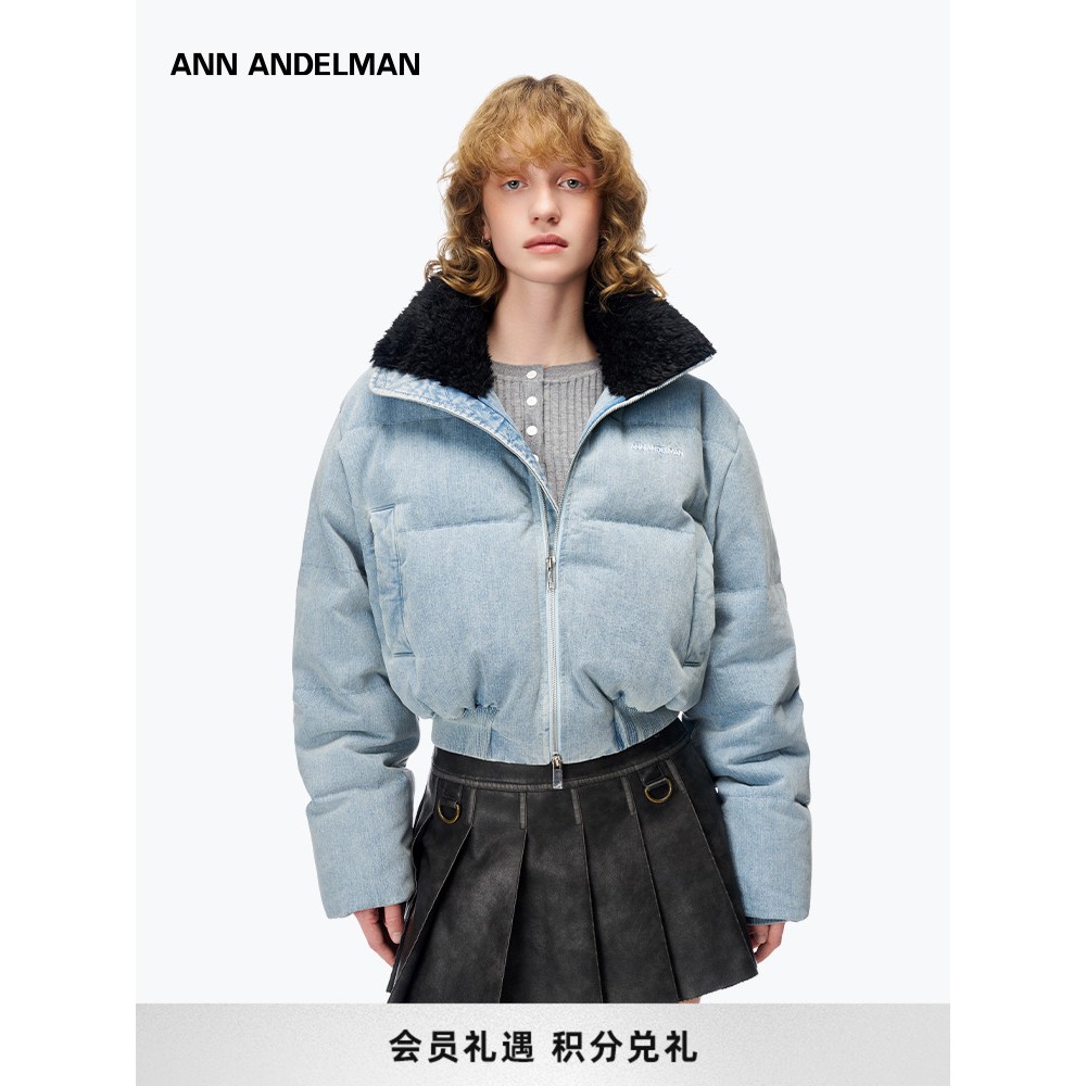 【潘珺雅同款】蓝牛仔短款羽绒服外套毛领加厚面包服