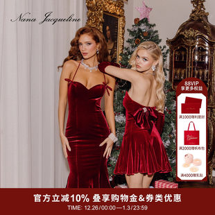 NanaJacqueline丝绒蝴蝶结鱼尾连衣裙女高级感晚宴小礼服新年战袍