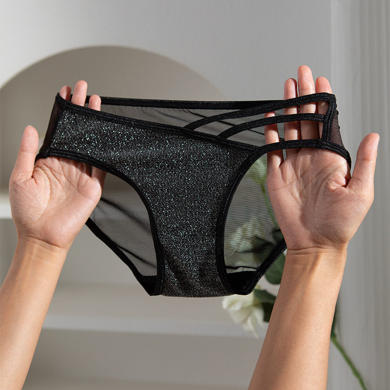 女士内裤低腰夏季超薄透明网纱镂空纯欲三角裤闪闪惹人爱少女短裤