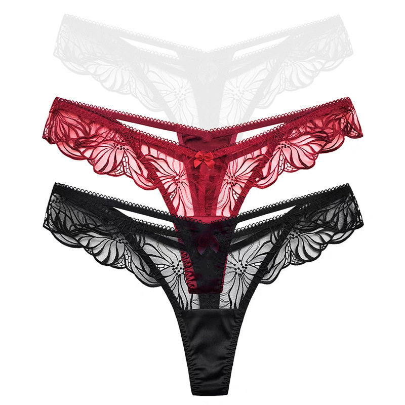 性感内裤女欧美辣妹透明刺绣蕾丝低腰丁字裤女纯欲风蜜桃臀露臀女