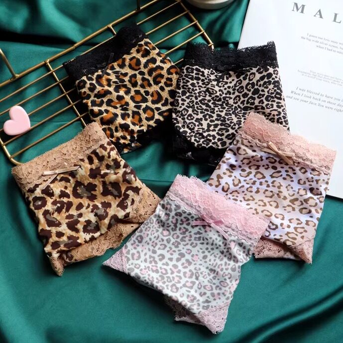 品质内裤女欧美风无痕冰丝性感女士三角裤低腰豹纹蕾丝边提臀翘臀