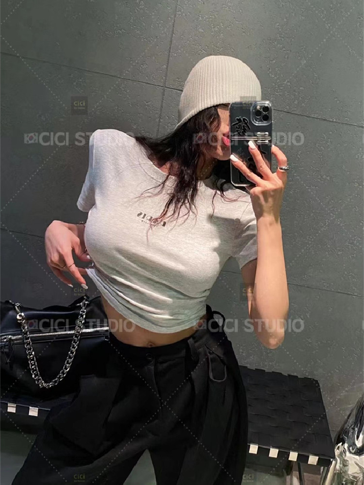 cici2023夏季新款韩版字母印花辣妹短款修身显瘦垫肩百搭短袖t恤