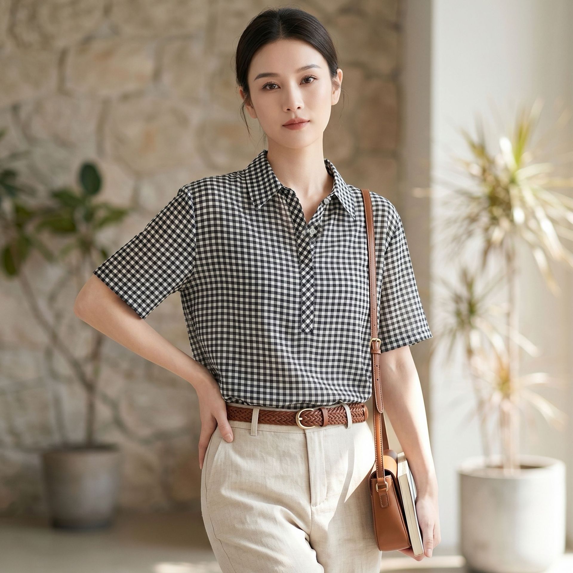 新款夏季真丝短袖衬衫女翻领半开襟格纹衬衣桑蚕丝通勤宽松上衣