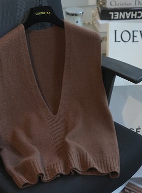 港米服饰/100羊毛V领针织背心马甲女内搭打底衫毛衣2024秋