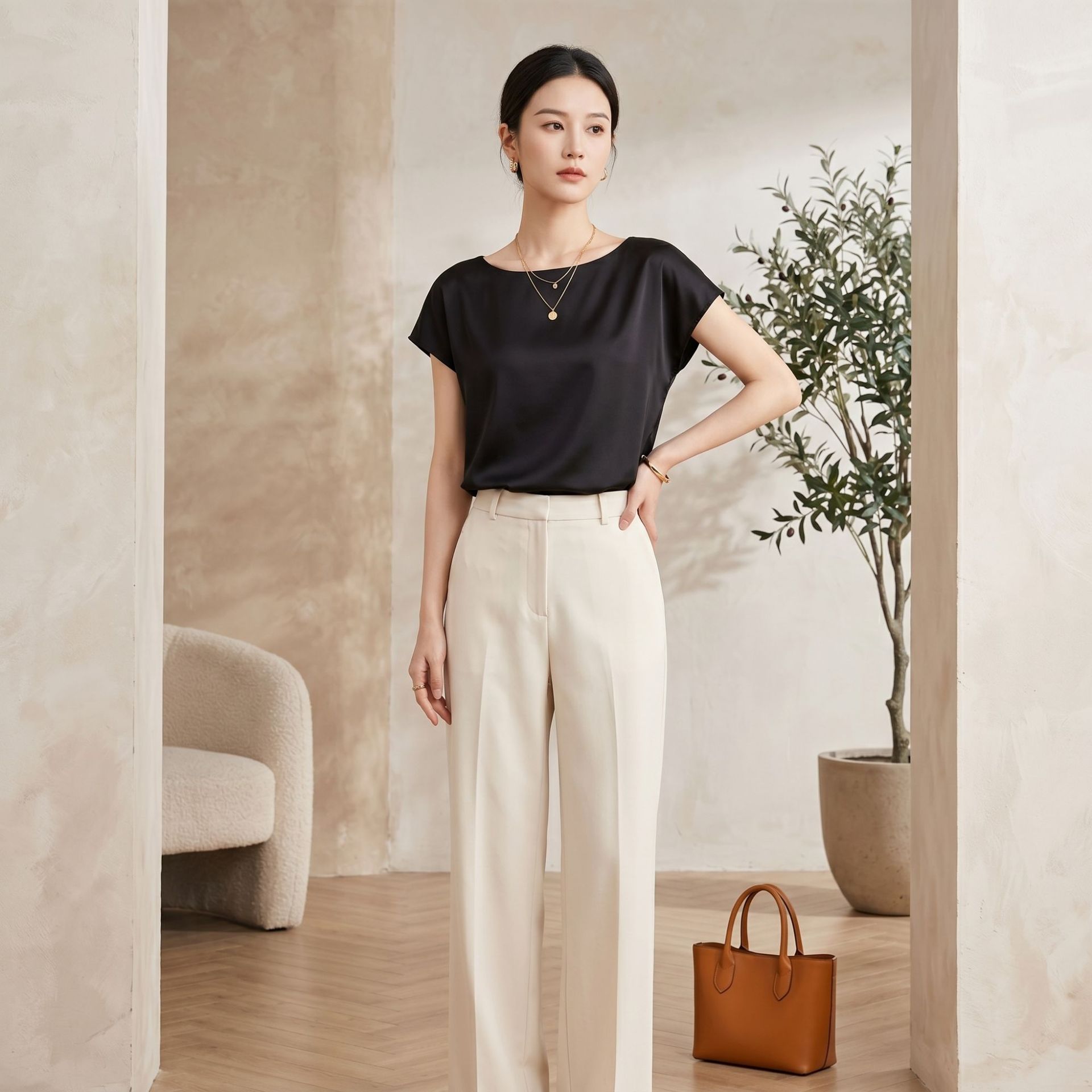 新款重磅真丝上衣女夏季纯色桑蚕丝短袖t恤圆领透气通勤百搭小衫