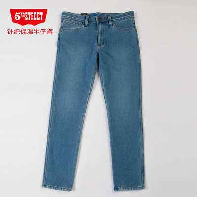 第五街特价男装中腰弹力小直筒针织加绒加厚牛仔裤冬114252-194M0
