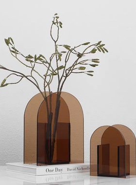 现代简约亚克力茶色玻璃花瓶家居客厅餐桌装饰几何拱门花瓶摆件