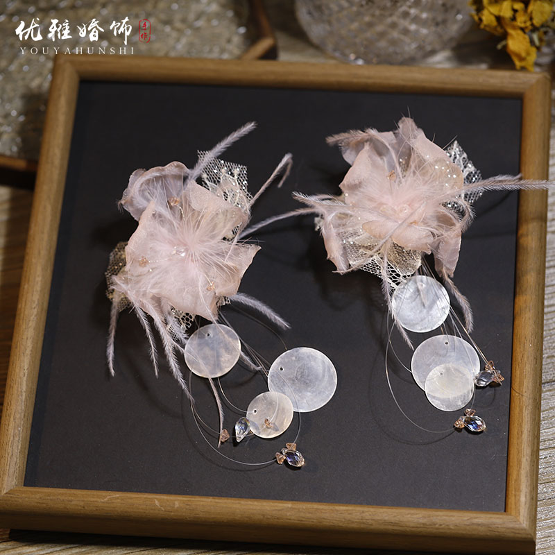 婚礼新娘超仙蕾丝粉色羽毛耳环