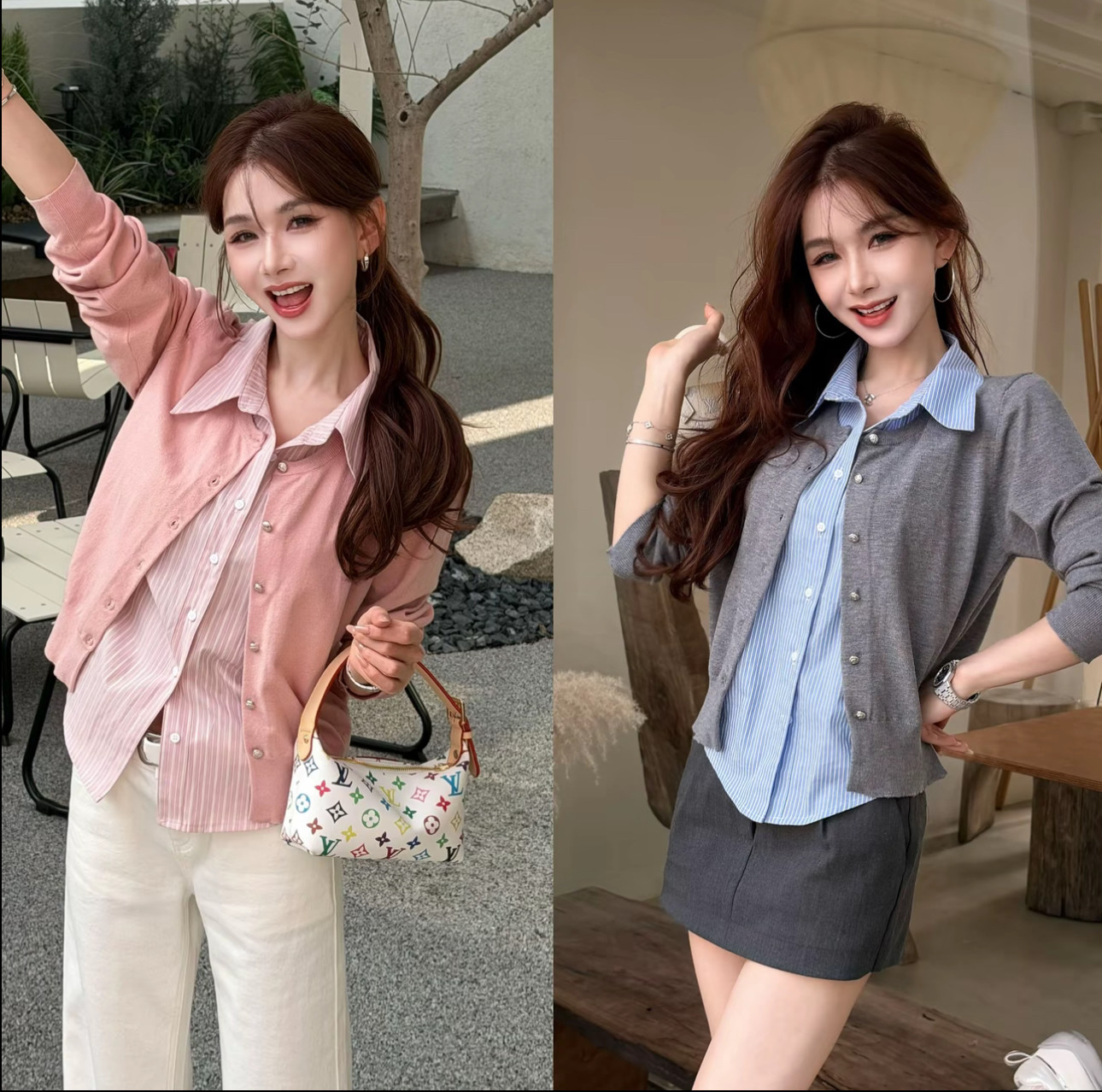 卡卡官方正品假两件撞色POLO领衬衫开春设计感长袖开衫显瘦上衣