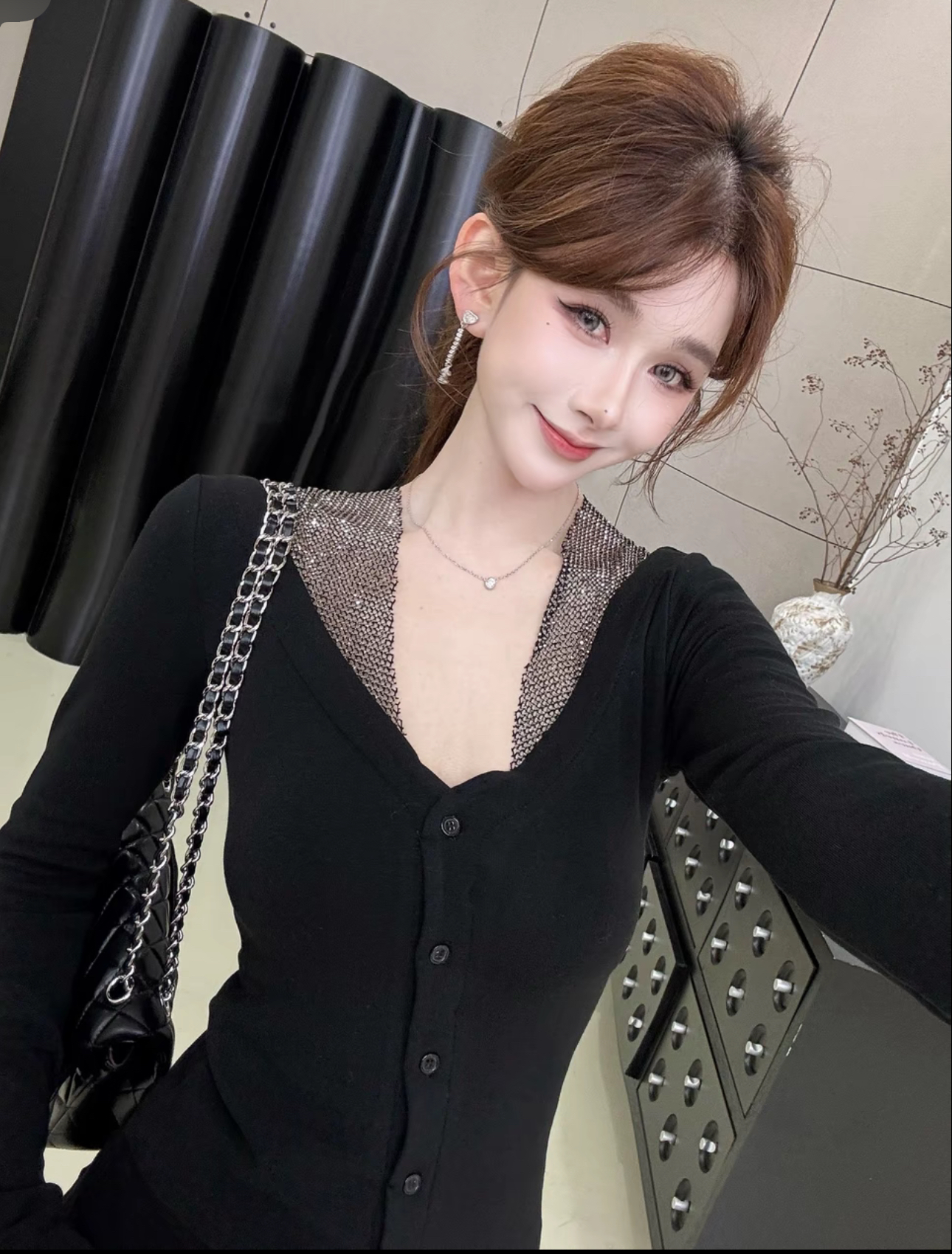 卡卡正品纯欲辣妹性感U领挂脖上衣女春秋假两件蕾丝打底衫内搭