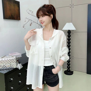 外套 防晒衣女冰丝薄纱空上衣宽松外穿夏衬衫 薄款 连帽白色长袖