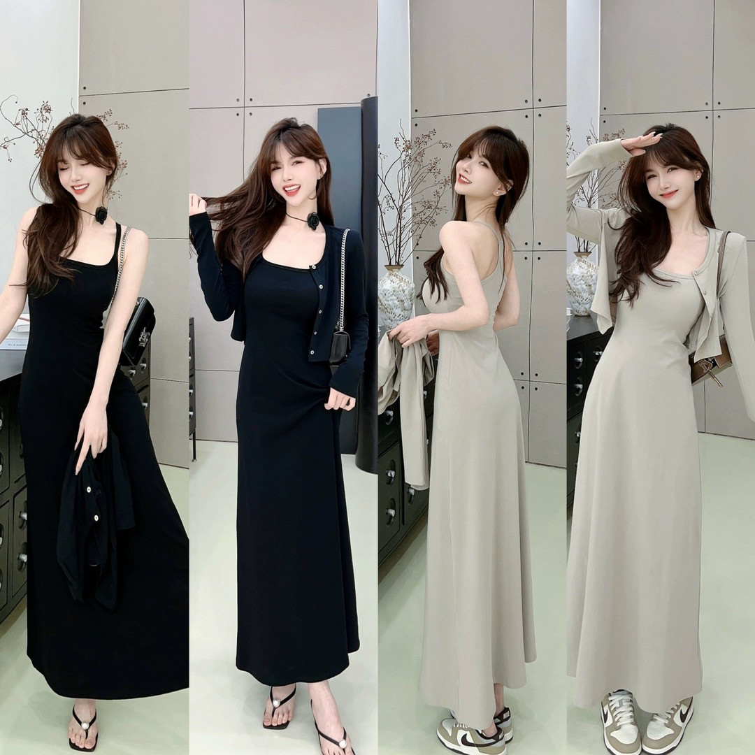 卡卡正品高级感纯色长裙自带杯垫