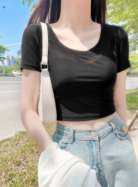 黑色短袖t恤女短款2026新款小个子吊带裙内搭修身冰丝网纱上衣