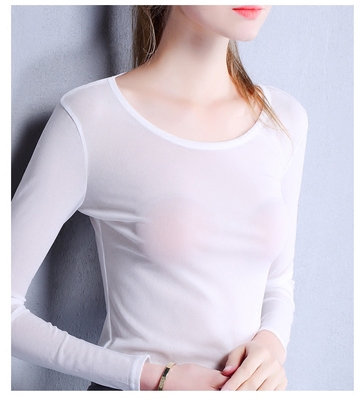 黑色全透明网纱打底衫超弹力u领