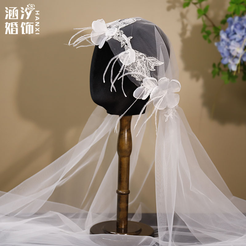 法式复古仙美娟纱羽花朵毛头纱