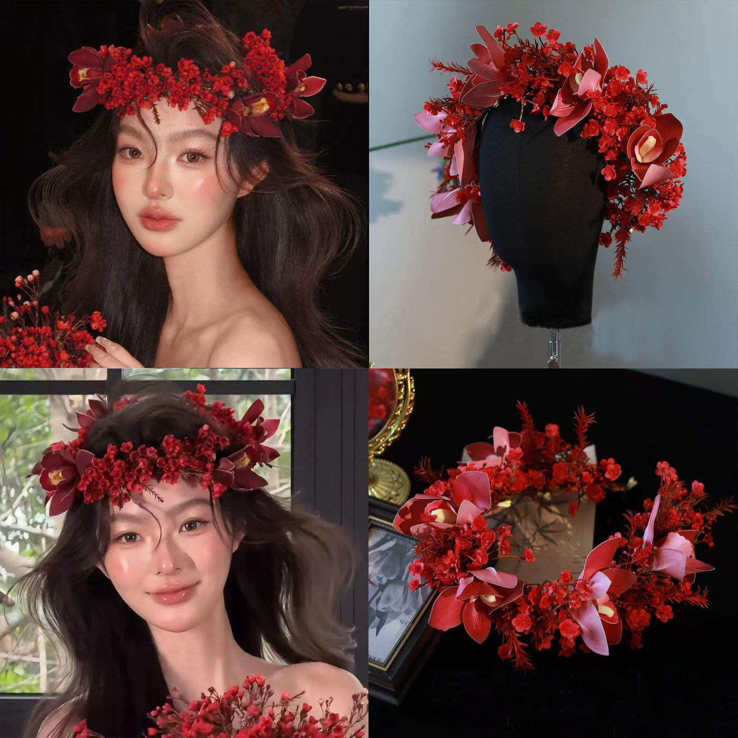 涵汐古风红色仿真花发箍婚礼通用