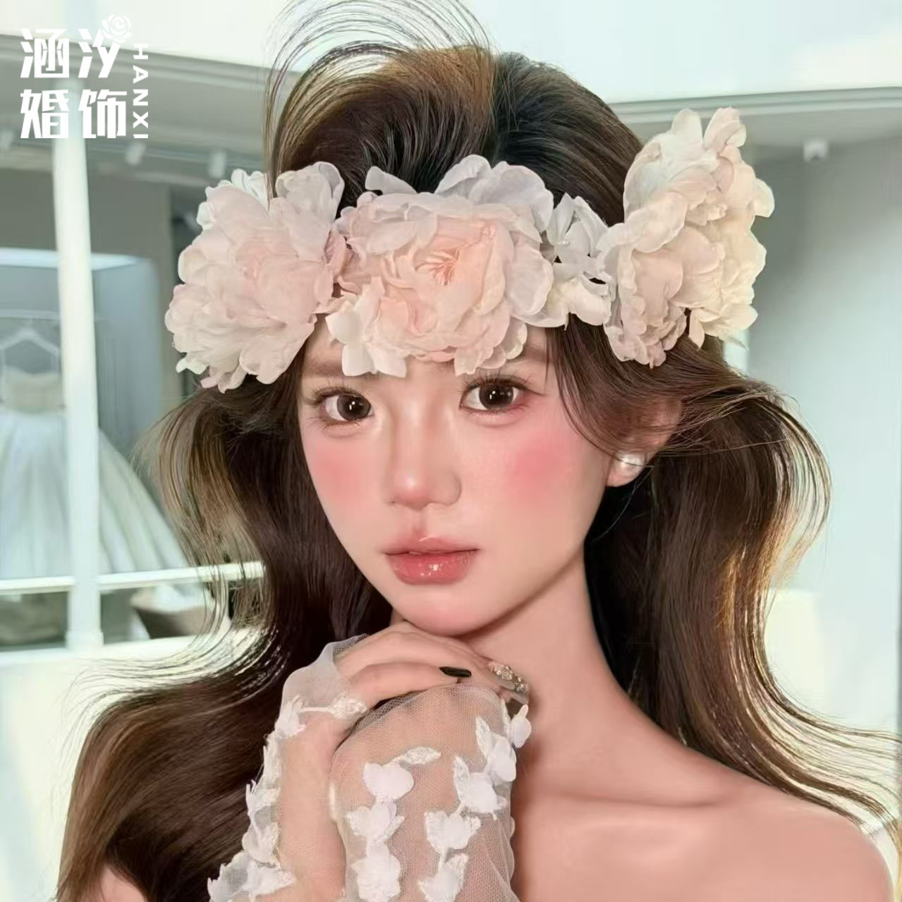涵汐超仙粉色渐变绢纱花朵发箍
