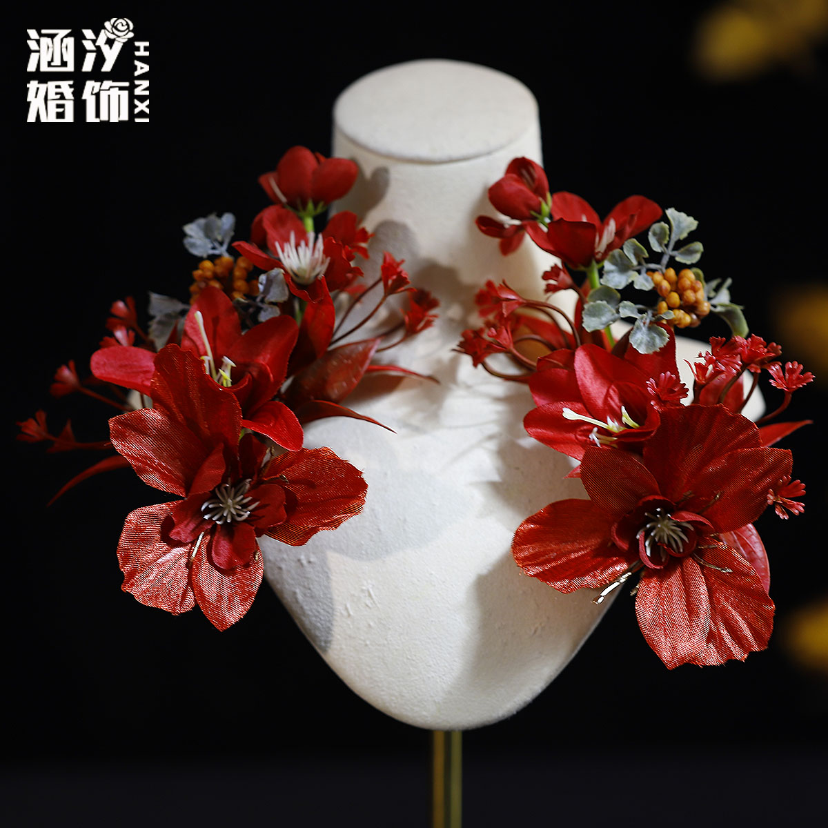 新娘头饰红色仿真花朵发夹