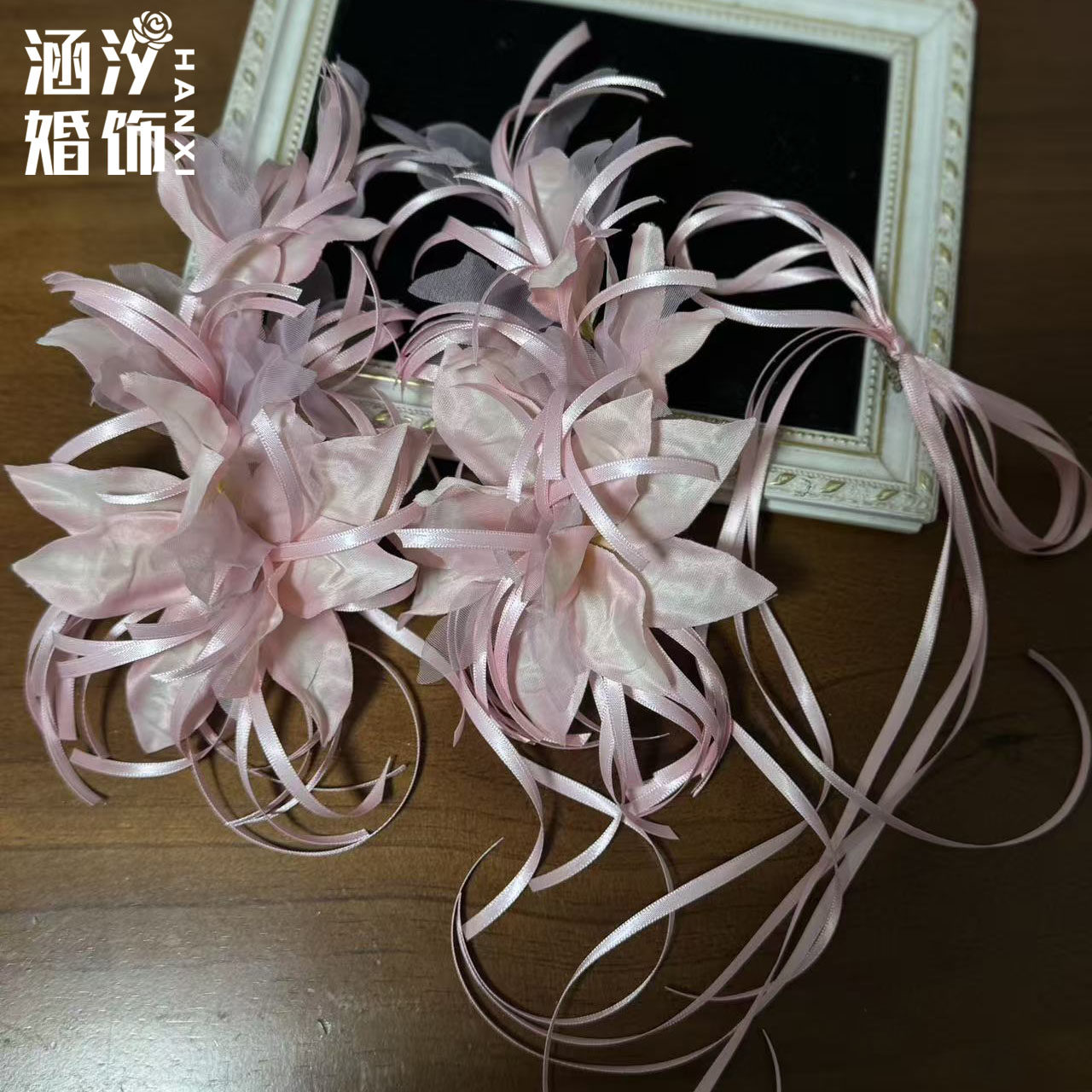 涵汐粉色花朵丝带新娘跟妆发夹