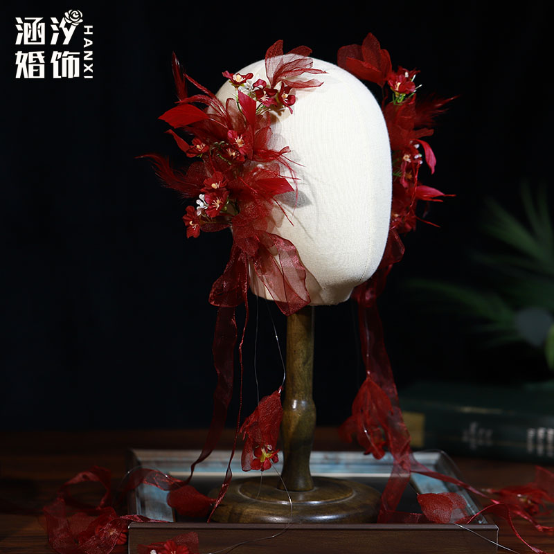 复古酒红色花朵羽毛新娘森系头饰边夹结婚订婚礼服配饰跟妆发饰