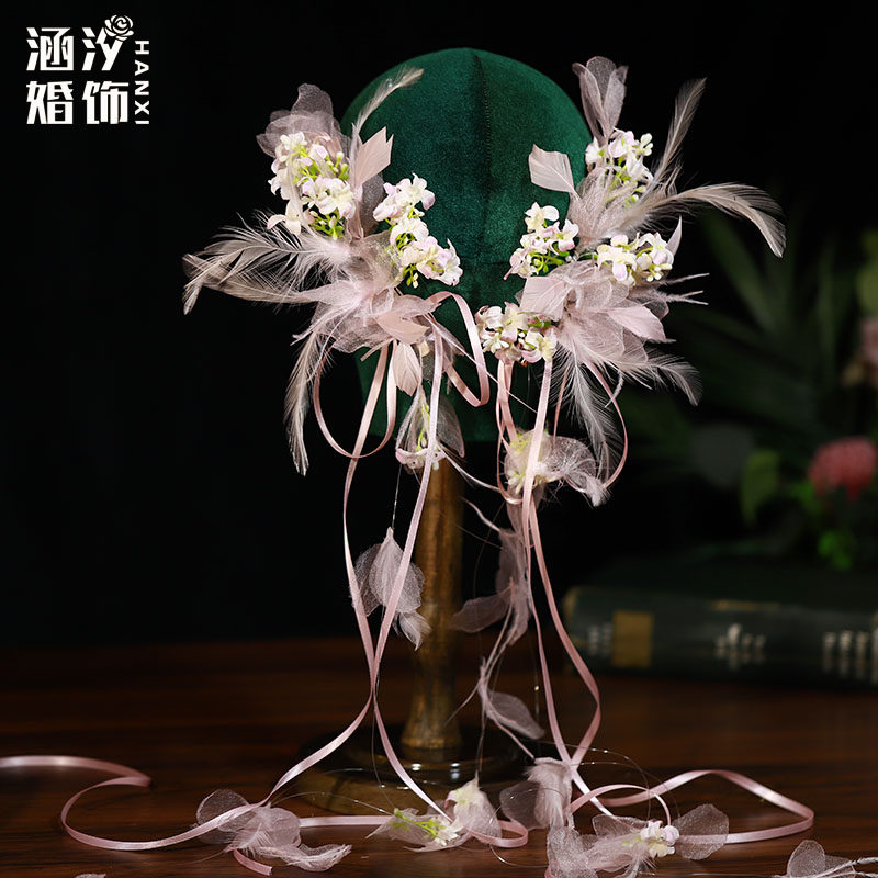 森系超仙甜美粉色娟纱花朵羽毛蝴蝶结长飘带对夹头饰旅拍跟妆头花