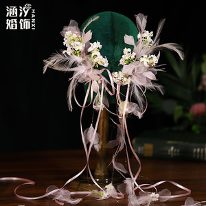 森系超仙甜美粉色娟纱花朵羽毛蝴蝶结长飘带对夹头饰旅拍跟妆头花