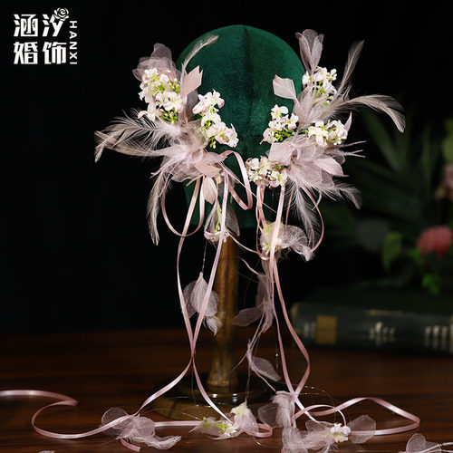 森系超仙甜美粉色娟纱花朵羽毛蝴蝶结长飘带对夹头饰旅拍跟妆头花