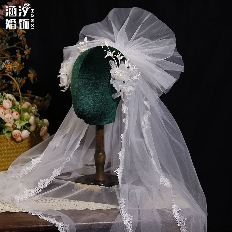 新款娟纱花朵边夹复古头纱