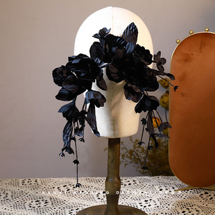 涵汐创意个性黑色花朵头花发箍法式复古新娘赫本风写真样片配饰
